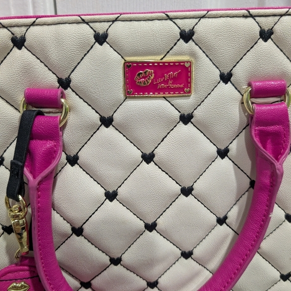 Luv Betsey by Betsey Johnson Pink and Cream Quilted Satchel Bag w/Heart Details - Picture 4 of 13